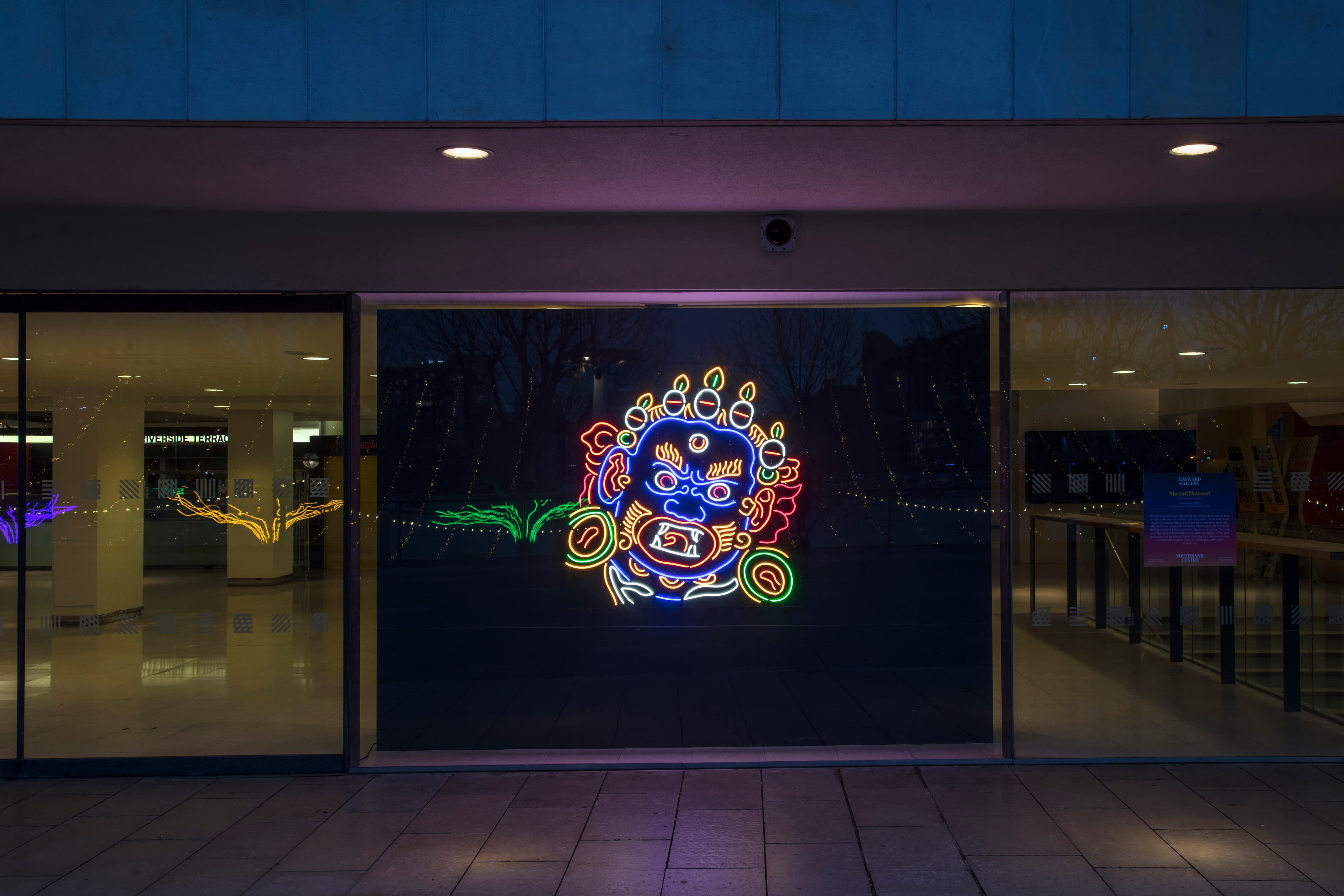 Shezad Dawood, Mahakala, 2020. Neon on black, powder-coated aluminium, 140 x 140 x 13 cm. Winter Light exhibition, Southbank Centre, London, 2020-2021